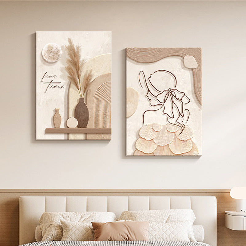 Dekoratives Gemälde im Creme-Stil – Abstrakte Linien und Charakter-Motiv Wandbild